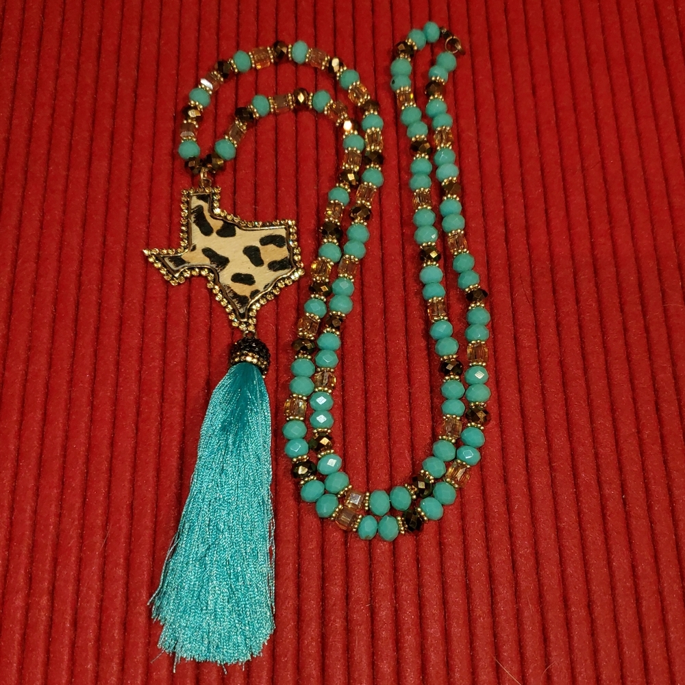 Turquoise and Leopard Texas Tassel Necklace
